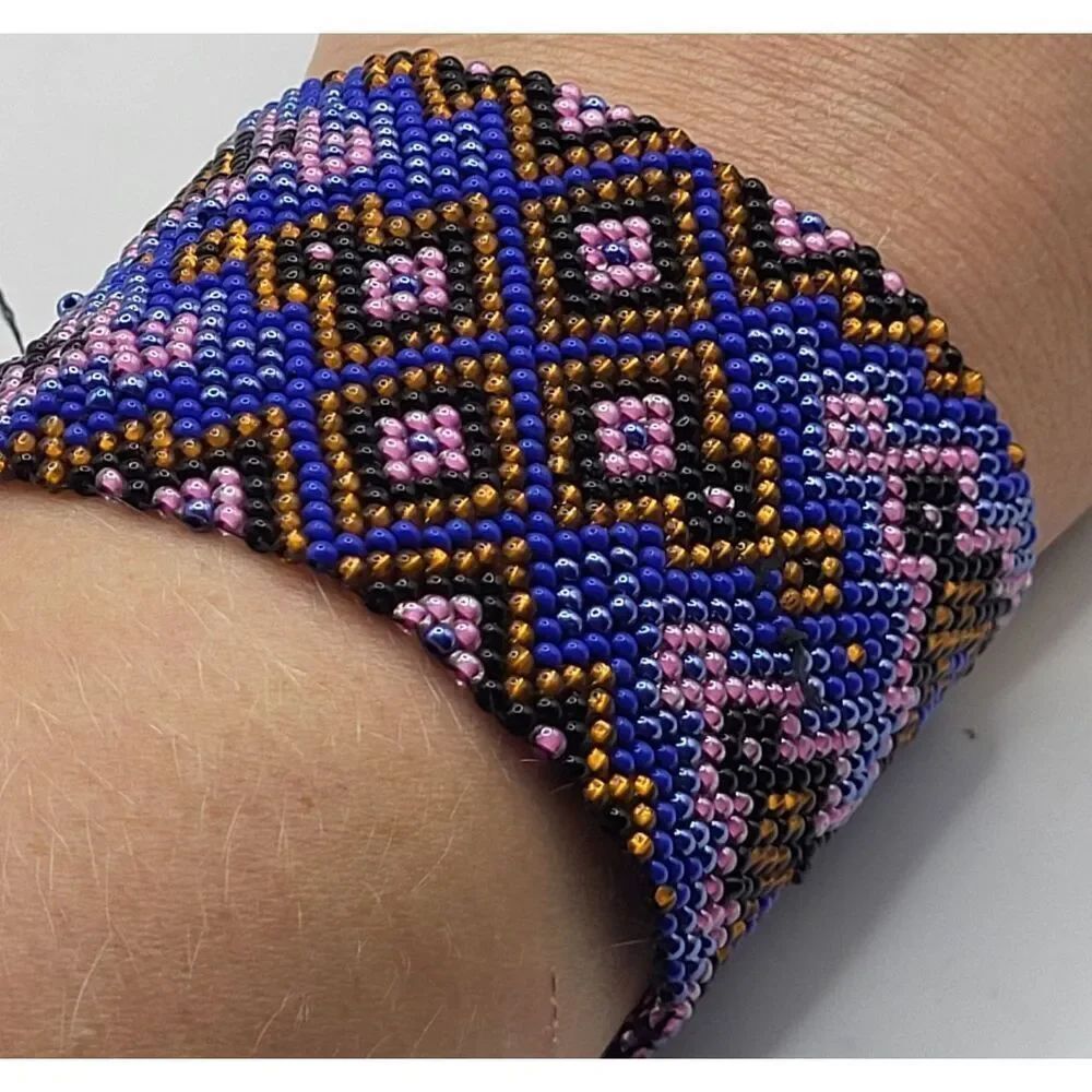 Wide Handbeaded Woven Wrap Bracelet Seed Beads 2in wide 7.5in long